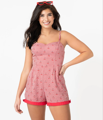Gingham and Cherry Print Romper