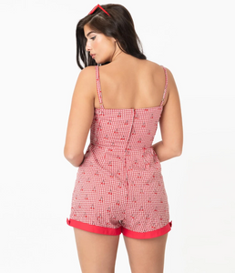 Gingham and Cherry Print Romper