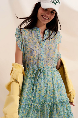 Aqua Floral Ruffle Dress