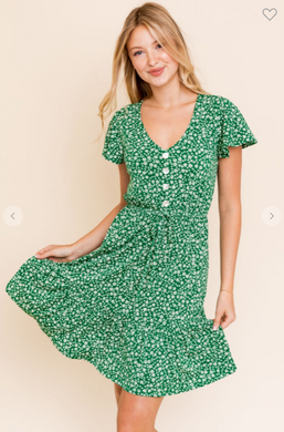 Green Floral Short Sleeved V-Neck Dress