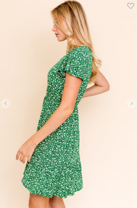 Green Floral Short Sleeved V-Neck Dress