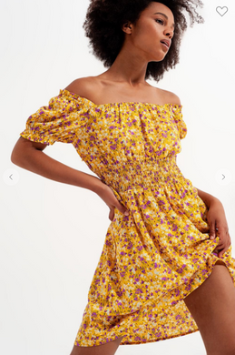 MINI DRESS WITH SHIRRED DETAIL IN YELLOW