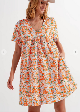COTTON BABYDOLL MINI DRESS IN ORANGE FLORAL