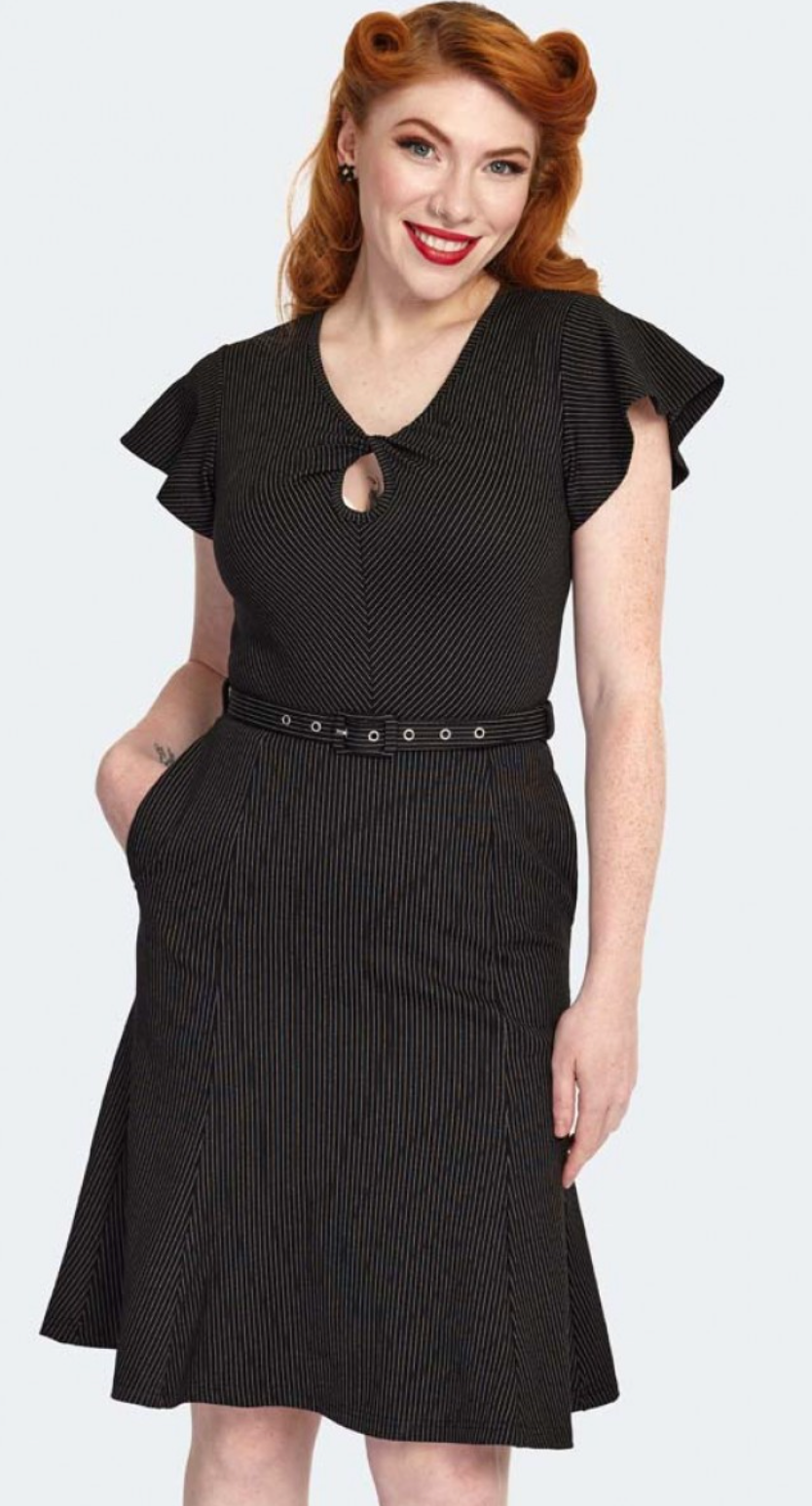 Black Pinstripe Flutter Sleeve Dress