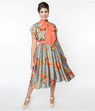 Blue & Orange Floral Satin Swing Dress