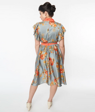 Load image into Gallery viewer, Blue &amp; Orange Floral Satin Swing Dress