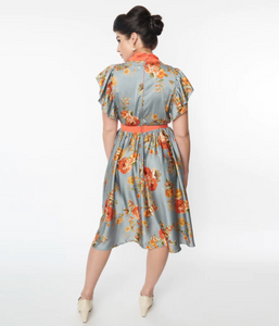 Blue & Orange Floral Satin Swing Dress