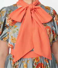 Load image into Gallery viewer, Blue &amp; Orange Floral Satin Swing Dress