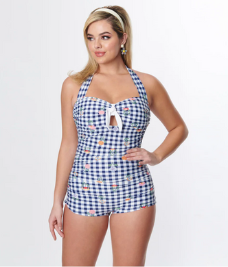 Navy Gingham Floral Swimsuit