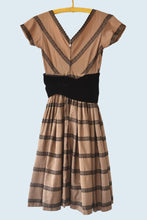 Load image into Gallery viewer, 1950s Brown Satin and Embroidered Lace Dress size XS