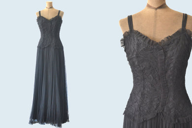 1940s long black netted tulle dress