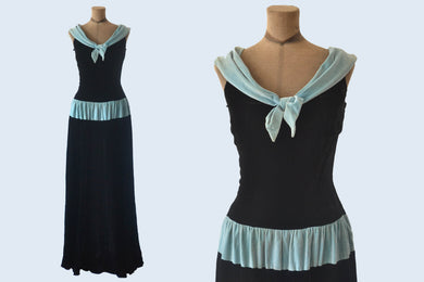 1940s Black and Teal Velvet Dress size M