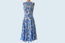 Load image into Gallery viewer, 1950s Blue Silk Print Dress size XS