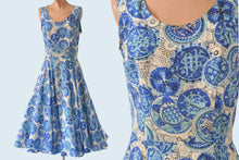 Load image into Gallery viewer, 1950s Blue Silk Print Dress size XS