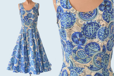 1950s Blue Silk Print Dress size XS