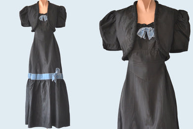1930s Black Satin Dress with Cropped Jacket size XS