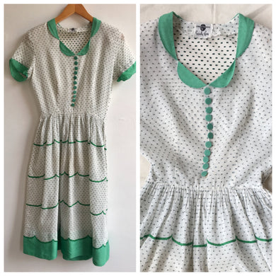 1950s Green and White Cotton Voile Summer Dress, size small