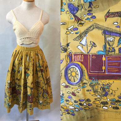 1950s Cotton Print Skirt, mustard with purple and turquoise details, size Small
