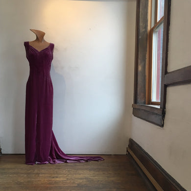 1930s Harvey Nichols Plum Silk Velvet Gown w Train
