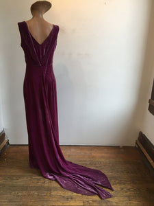 1930s Harvey Nichols Plum Silk Velvet Gown w Train