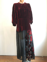 Load image into Gallery viewer, 1930s Burgundy and Black Silk Velvet Gown w Floral Appliqué