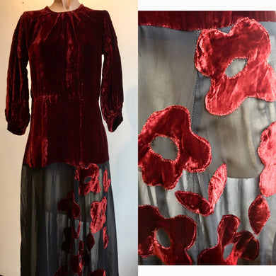 1930s Burgundy and Black Silk Velvet Gown w Floral Appliqué