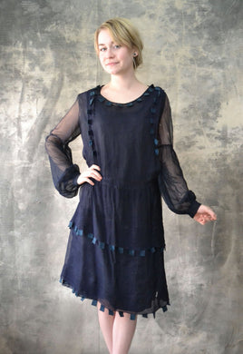 1920s Sheer Navy Silk Flapper Dress