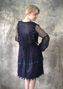 1920s Sheer Navy Silk Flapper Dress