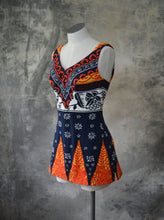 Load image into Gallery viewer, 1970s Swim Suit Navy and Red Batik Print