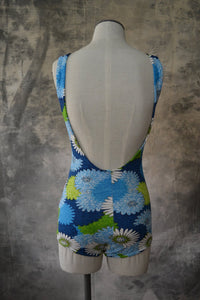 1960s Swim Suit Blue and Green Flower Print