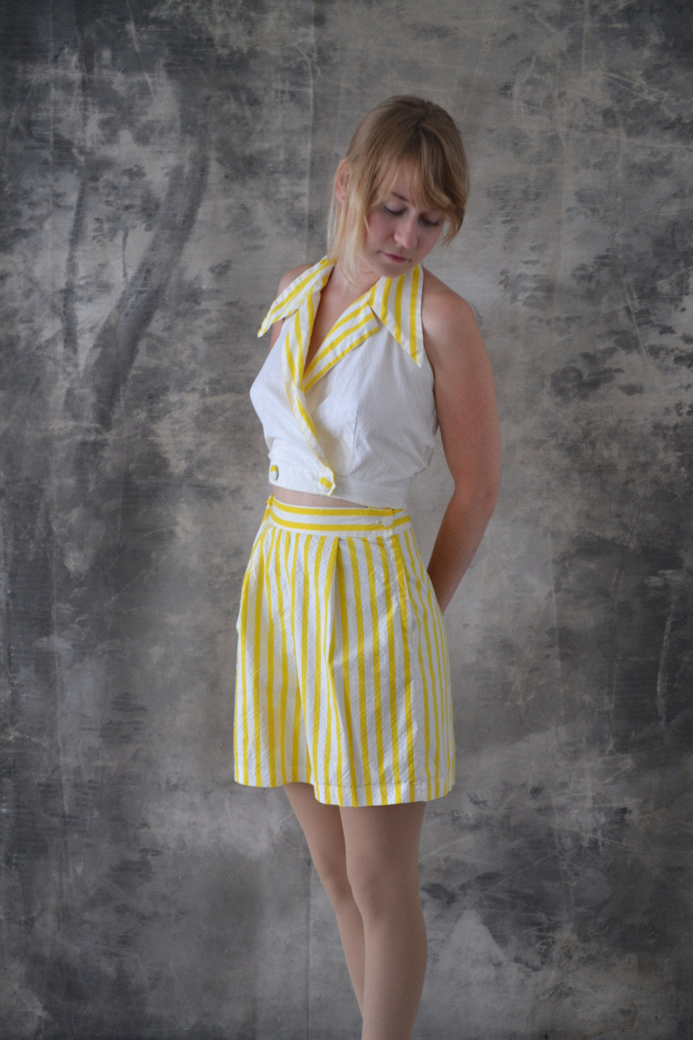 1950s Yellow Striped Play Suit: shorts halter top – petrune