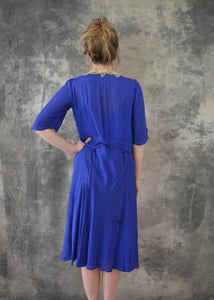 1920s Blue Silk Dress Lace Colla