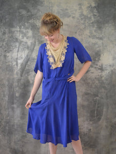 1920s Blue Silk Dress Lace Colla