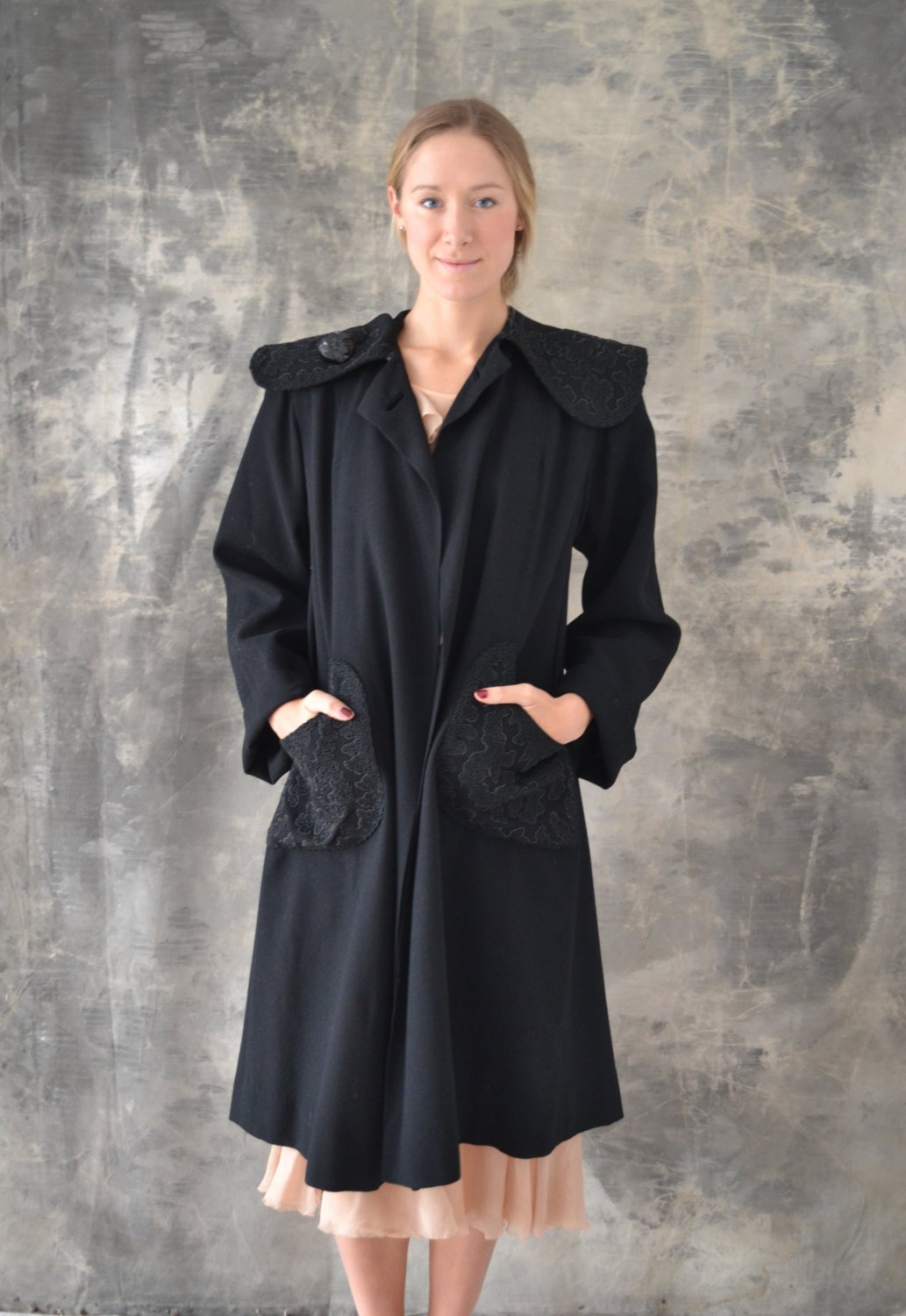 1940s Black Wool Swing Coat