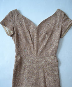 1950s Taupe Lace Cocktail Dress