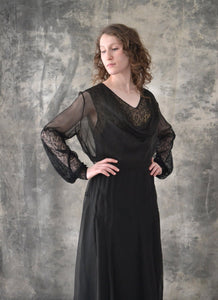 1930s Sheer Black Silk and Lace Dress
