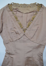 Load image into Gallery viewer, 1950s Tan Party Dress Gold Beadwork
