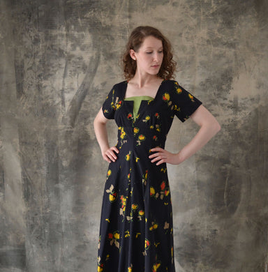 1940s Black Print Cotton Dress