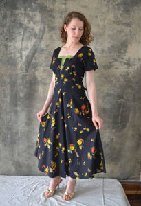 1940s Black Print Cotton Dress