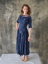 Load image into Gallery viewer, 1950s Navy Silk Print Dress