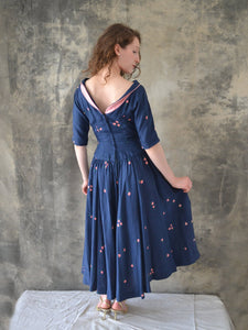 1950s Navy Silk Print Dress