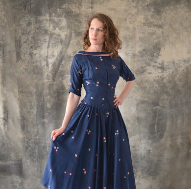 1950s Navy Silk Print Dress
