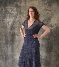 Load image into Gallery viewer, 1920s / 1930s Navy Sheer Silk Print Dress