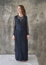 Load image into Gallery viewer, 1920s Navy Silk Beaded Flapper Dress