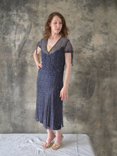 Load image into Gallery viewer, 1920s / 1930s Navy Sheer Silk Print Dress