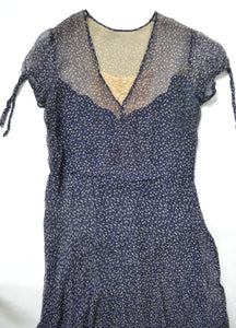 1920s / 1930s Navy Sheer Silk Print Dress
