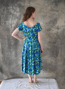 1950s Blue Rose Watercolor Dress