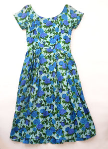 1950s Blue Rose Watercolor Dress