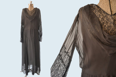 1930s Sheer Black Silk and Lace Dress