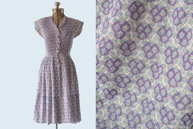 1950s Cotton Voile Purple Print Dress size S